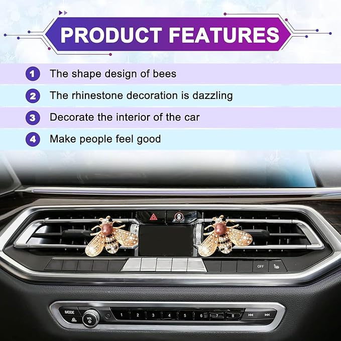 Shiny Bee Air Outlet Clips, Crystal Air Fresheners Vent Clips, Car Diffuser Vent Clip Rhinestone Diamond Interior Decor, Car Decoration, Bling Car Accessories (2 Pcs Golden)