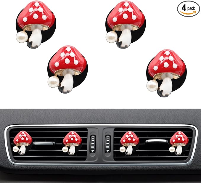 Cute Mushroom Car Air Freshener Vent Clips,4pcs Red Mushroon Refillable Car Air Freshener Decorative Clips Car Diffuser,Providing Bloom Car Scent