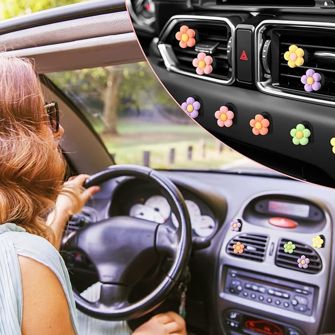 Tallew 12 Pcs Daisy Flower Car Accessories Vent Clip Cute Colorful Flower Car Accessories Air Conditioning Outlet Air Freshener Vent Clip Charm Interior Decor for Women