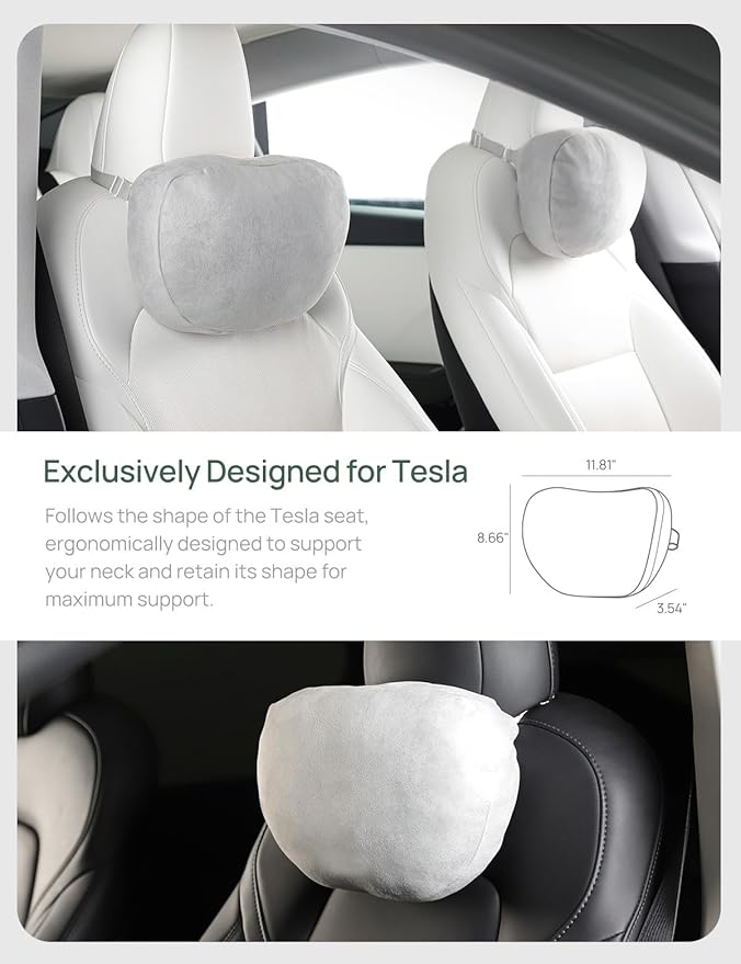 TPARTS Headrest Neck Pillow for Tesla Model 3/Y/X/S, Soft Faux Suede Fabric Car Neck Support Pillow Cushion for Traveling (Filled with Dupont Sorona Fiber)-Set of 2 Gray