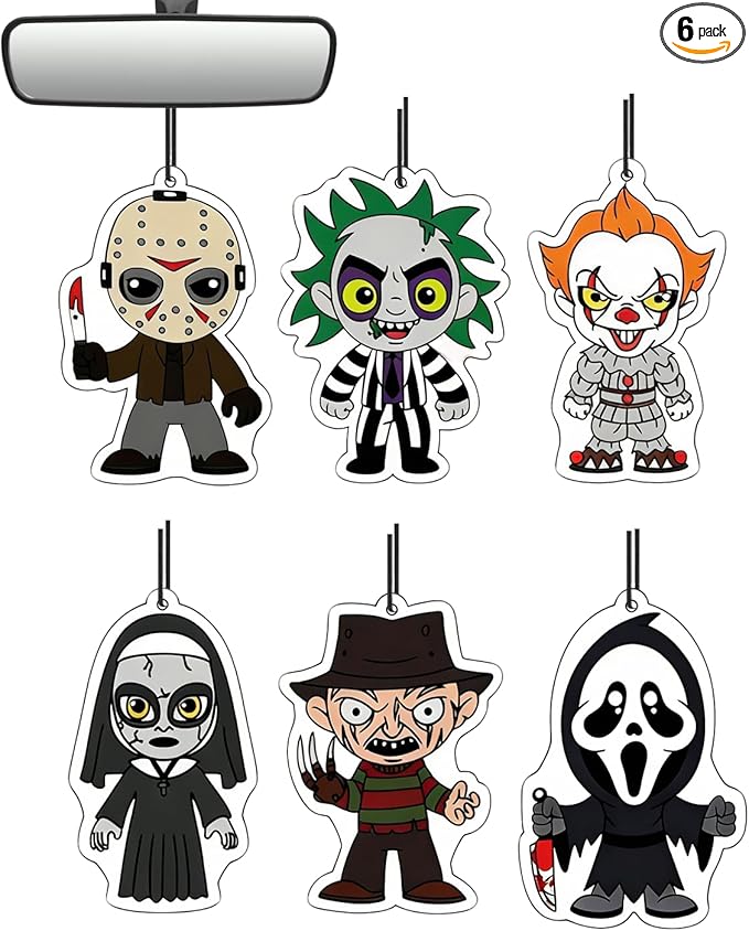 Car Air Freshener Hanging, 6Pcs Horror Figures Halloween Tree Decorations, Horror Movie Gifts, Halloween Air Freshener Car Decor, Scented Rearview Mirror Pendant, Halloween Gifts for Men Women