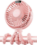 SWEETFULL Portable Stroller Fan with LED Display, 4 Speed Rechargeable Mini Clip On Fan, 360° Rotate Flexible Tripod Better Cooling Small Baby Fan for Car Seat Crib Travel Bike Treadmill (Pink)