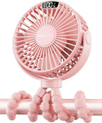 SWEETFULL Portable Stroller Fan with LED Display, 4 Speed Rechargeable Mini Clip On Fan, 360° Rotate Flexible Tripod Better Cooling Small Baby Fan for Car Seat Crib Travel Bike Treadmill (Pink)