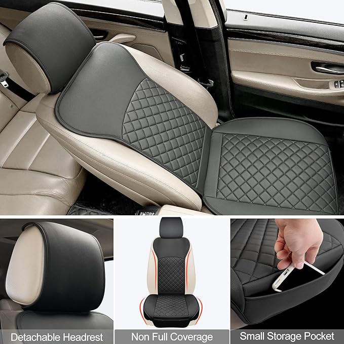 2 Pack Leather Front Seat Covers, Universal Sideless Car Seat Protectors, Waterproof Automotive Seat Cover for Most Cars Trucks SUV(Black)