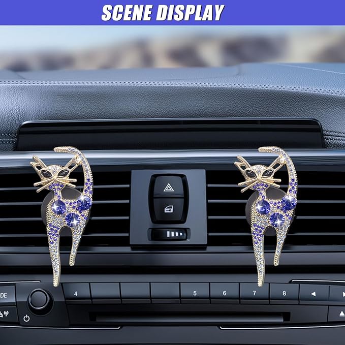 2PCS Car Vent Clips, Bling Cat Air Conditioning Outlet Clip, Crystal Rhinestone Auto Diffuser Clip, Cute Car Accessories for Women, Vehicle Interior Decoration (Blue)
