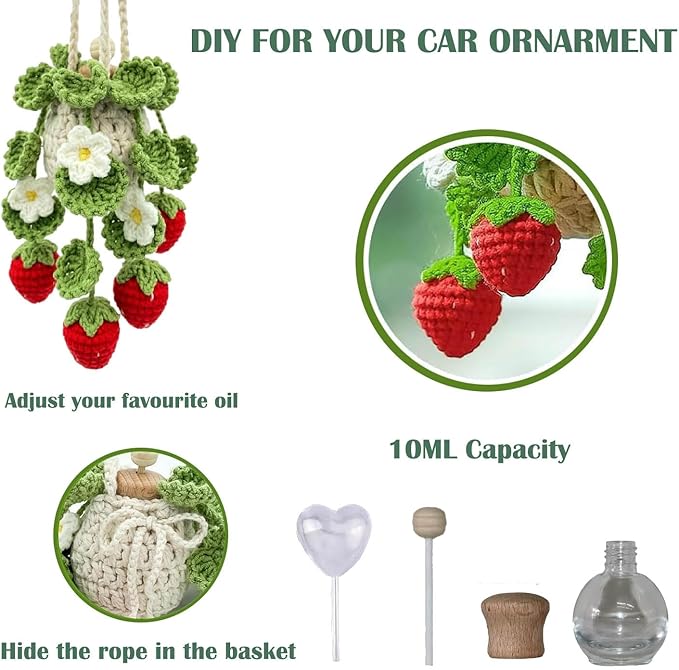 Crochet Hanging Plant Car Air Freshener，10ml Empty Refillable Car Diffuser Bottle with Potted Plants Car Mirror Hanging Accessories Car Air Hanging Fragrance Oil Diffuser (Deep Strawberry)