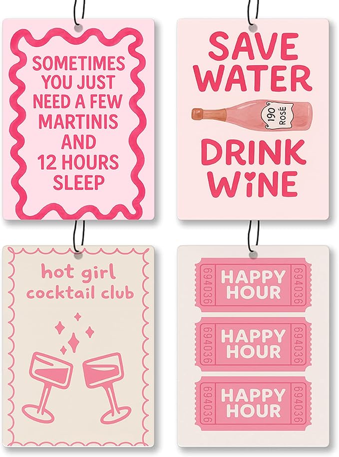 Cute Pink Girly Car Air Freshener 4 Pcs - Trendy Pink Ticket Girl Wine Hanging Air Freshener for Cars Closet Drawer Books, Girly Car Accessories Mirror Decor for Women