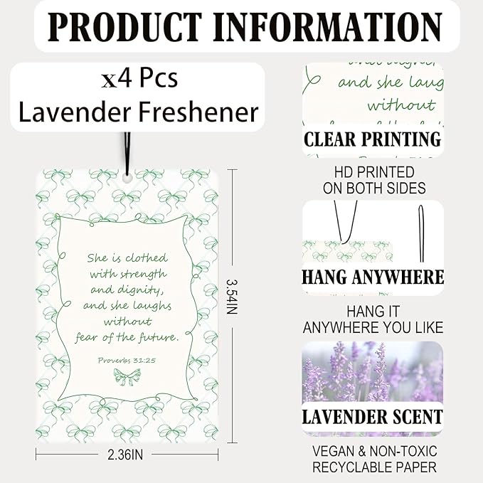 Coquette Green Bow Christian Lavender Car Air Freshener 4 Pcs, Preppy Girly Bible Verse Air Freshener Hanging Decor for Cars Closet Drawer Books, Christian Accessories Gifts for Women Girls