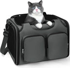 Dog, Cat Carrier for Pets Up to 12 Lbs, Airline Approved Collapsible Soft-Sided Pet Travel Bag with Locking Zippers, Breathable Mesh and 4 Large Pockets, Removable Fleece Pad (Dark Grey)