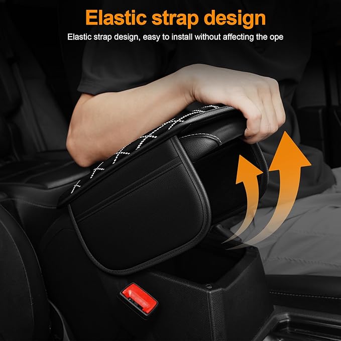 Bling Armrest Cover for Car Compatible with Jeep Renegade - Center Console Cover with 2 Storage Pockets and Crystal Diamond(Black)