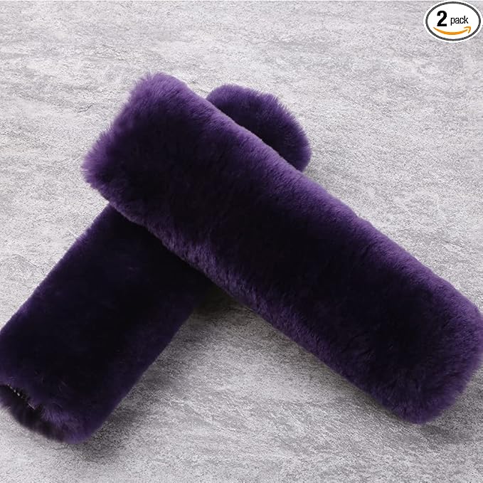 OGLAND 2 Pack Natural Fur Comfort Auto Authentic Sheepskin Car Seat Belt Pads for Adults, Soft Texture Shoulder Neck Cushion Pad Protector, Genuine Australia Merino Wool Cover (Lilac)