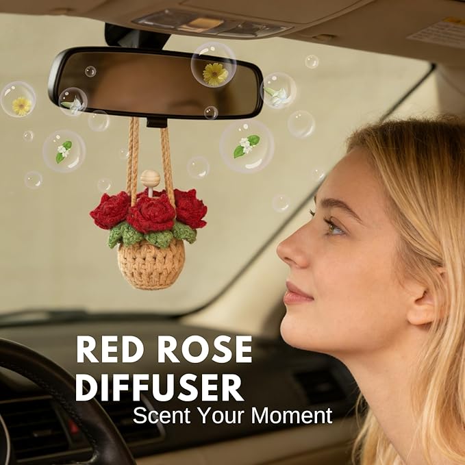 Handmade Crochet Hanging Car Air Freshener - Romantic Red Rose Design, 12ml Refillable Thick Glass Bottle, Car Diffuser for Rearview Mirror, Home & Office Romantic Decor