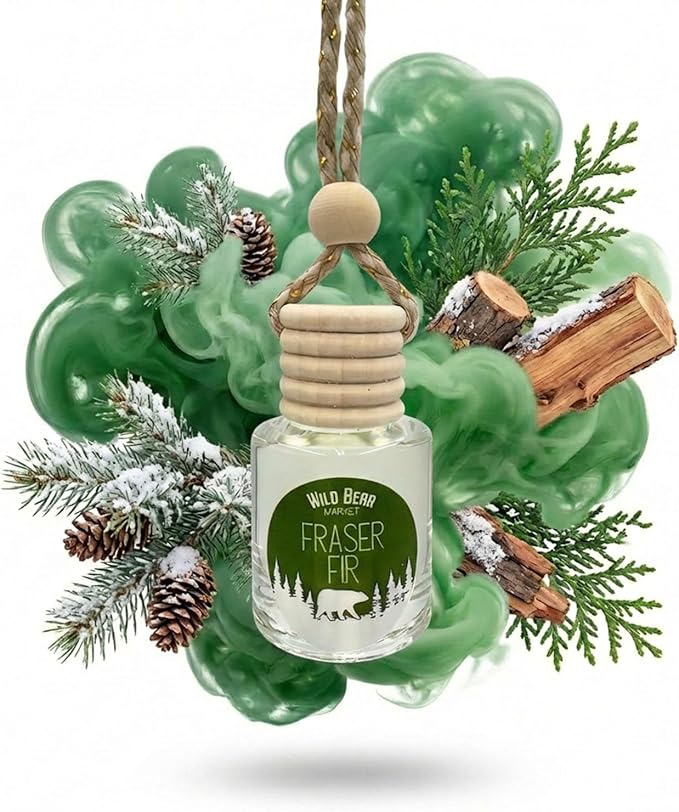 Fraser Fir Hanging Car Air Freshener Diffuser, Long Lasting Natural Fragrance Oil Car Freshener, Glass Bottle, Auto Air Deodorizer, Made in USA Toxin Free