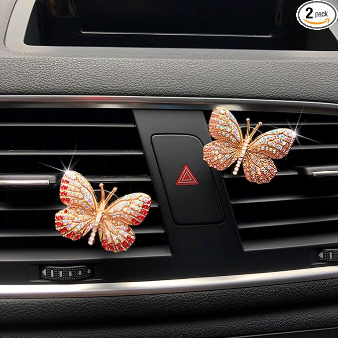 Bling Butterfly Car Air Vent Clip, Cute Rhinestone Air Freshener Clip, Glam SUV Outlet Vent Decorations, Charm Car Inter Decor Accessories for Girls Women (Pink + Red)