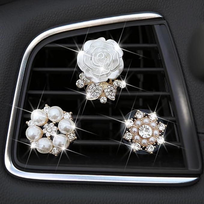 Bling Daisy 3-Pc Air Vent Clips: Flower Car Air Fresheners, Diamond Car Decor