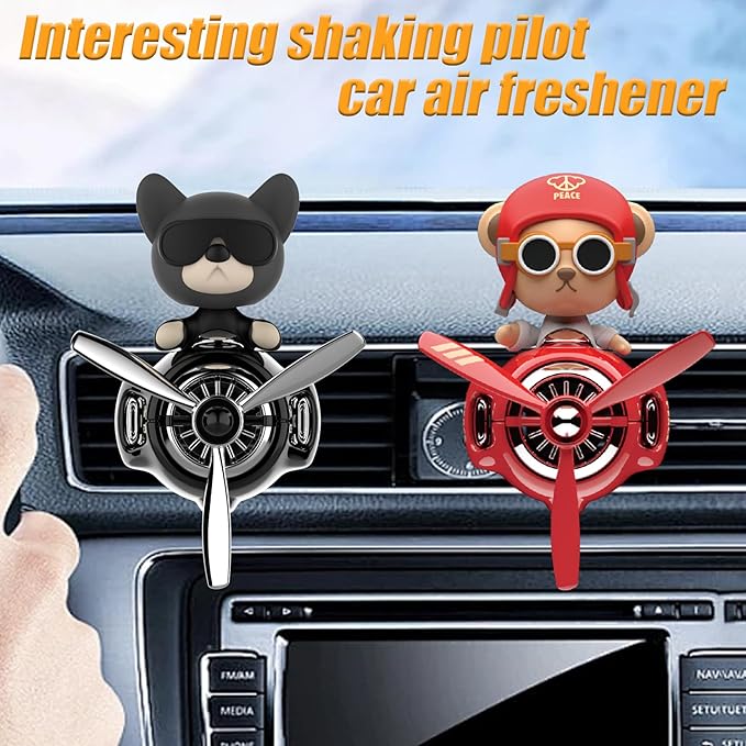 2Pcs Car Air Fresheners, Cute Bear Pilot Automotive Air Outlet Creative Car Perfume Diffuser, Automotive Accessories Air Vent Decoration with 8 Fragrant Tablets (Black 2+Red 1)