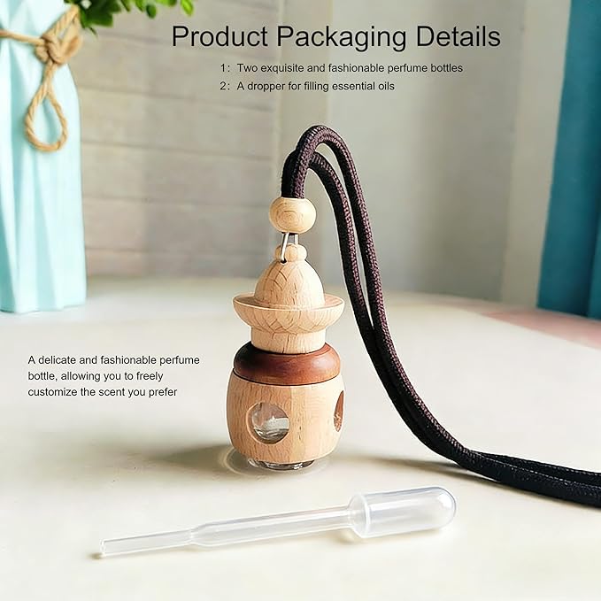 2 Pack Hanging Car Air Freshener Diffuser, Refillable Glass Bottle with Wooden Cap, Long Lasting Drift Car Air Freshener for Women Men - Car Fresheners, Car Accessories-A2