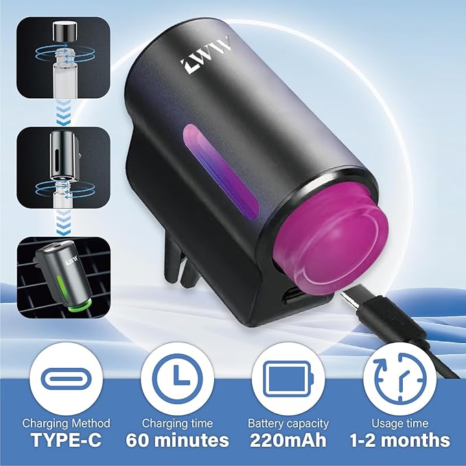 Car Air Freshener - Smart Adjustable 3-Speed Intensity, Rechargeable Humidifier Car Essential Oil Diffuser - Comes with 8 Bottles of 10ml Perfume (Black)