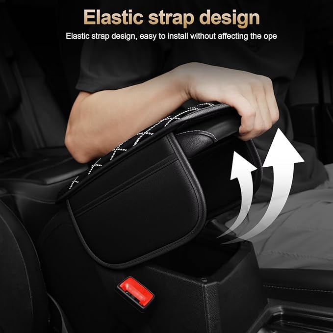 Bling Center Console Cover with 2 Side Pockets Fit for Camry Multi-Functional Car Armrest Cushion Diamond-Studded Rhombus Pattern Style(Black&Silver Diamond)
