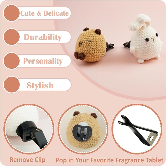 Wonhibo Capybara & Bunny Car Air Freshener Vent Clip, 2 Pack Cute Soft Stuffed Animal Vent Decor Car Accessories for Women