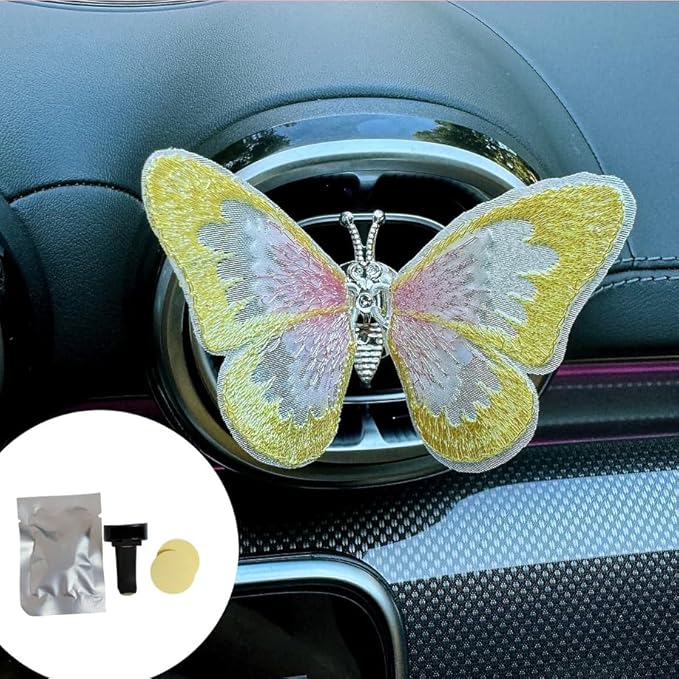 2 Pcs Yellow Embroidery Butterfly Car Air Freshener Clip, Spring Scent, Car Accessories for Women Girls