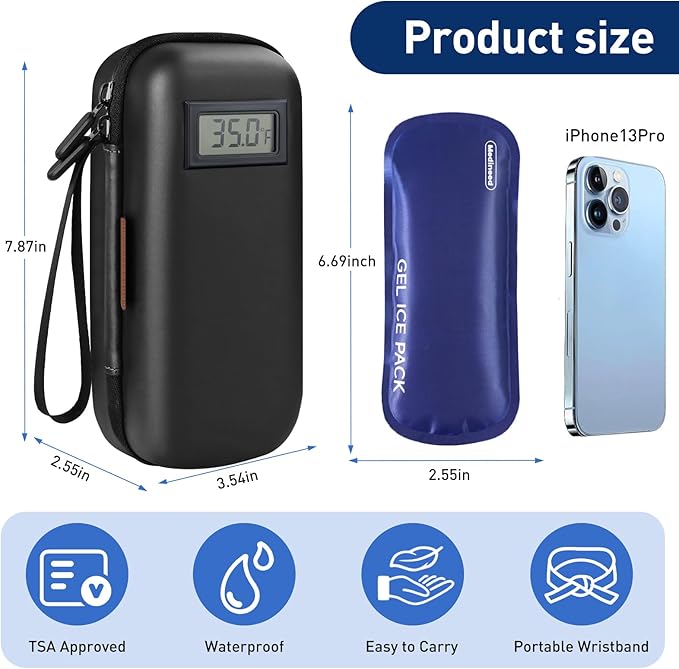 Insulin Cooler Travel Case, Portable Temperature Display Medicine Travel Cooler, Diabetes Case with 2 Reusable Ice Packs TSA Approved for Diabetic Supplies Patent Pending(Black)