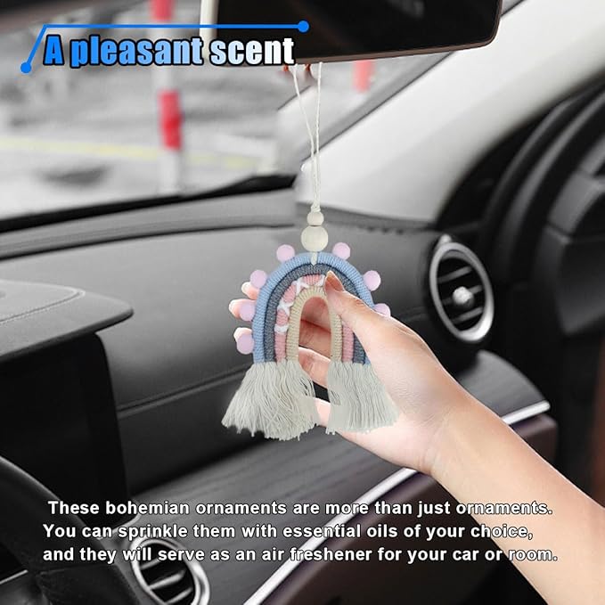 Boho Macrame Rainbow Car Charm, Handmade Car Rear View Mirror Charm, Car Air Freshener Decoration Pendant, Car Mirror Hanging Accessories, Essential Oil Diffuser for Car Interior (Style Two)