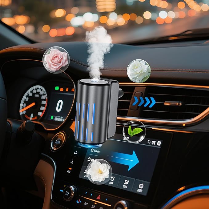 Car Air Freshener,Smart Car Air Freshener, Suitable for Car Diffusers And Home Use,Automatic On/Off,6 Scents,Car Diffusers Have 3 Adjustable Modes,Car Essential Oil Diffusers Have 6 Refill Bottles