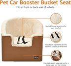 Amazon Basics Dog Car Seat Booster for Small Dogs up to 25lbs, Washable Removable Cover, Safety Leash, Elevated View for Window, 18" x 18" x 16", Tan