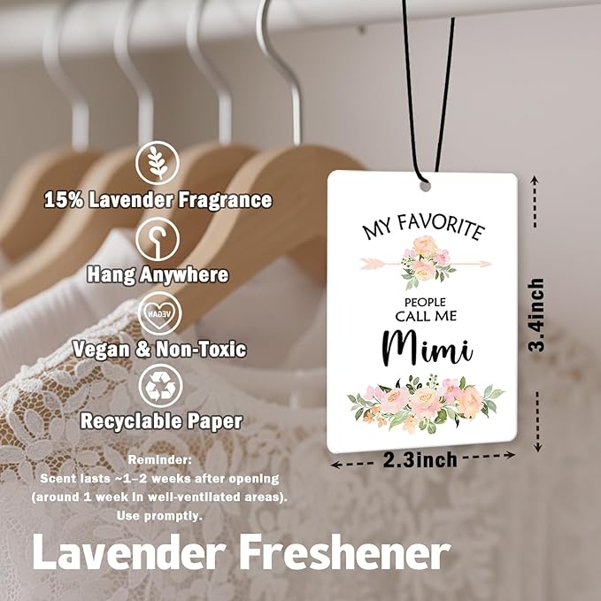 Mimi Grandma Gifts Car Air Freshener Hanging 3 Pack, My Favorite People Call Me Car Accessories Gifts for Grandma Christmas Women,Rustic Floral Scent Card Lavender for Closet Bathroom Decor