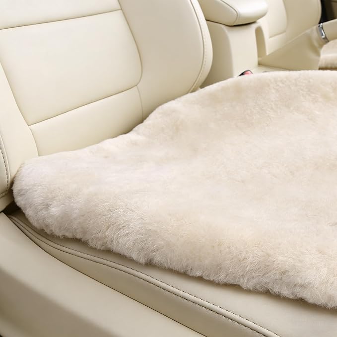 OGLAND Fluffy Genuine Sheepskin Car Seat Cover for Auto Fuzzy Interior Accessories Cushion with Soft Wool Natural Fur Non-Slip (Pearl, Front20*20Inch)