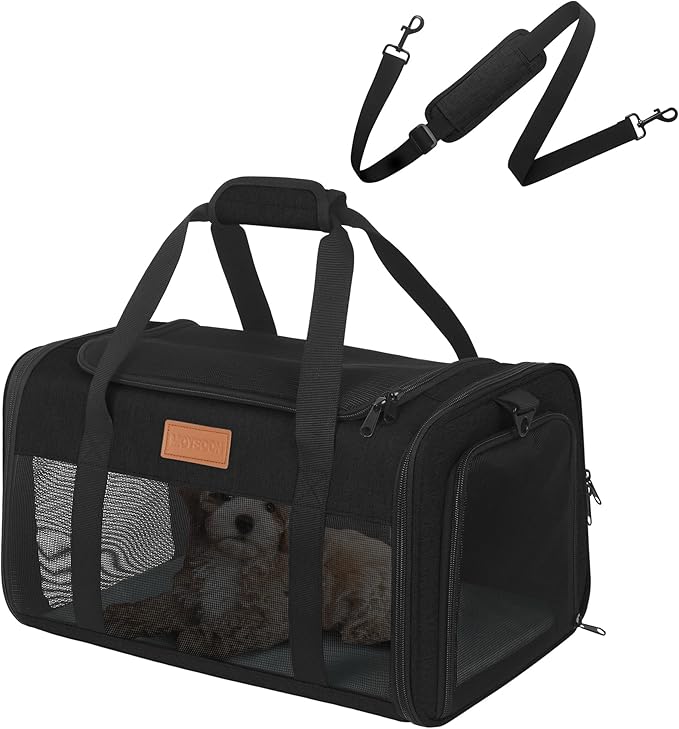 Pet Carrier Airline Approved 17x11x9.5 in - Underseat, Top & Side Entry Soft Dog Cat Travel Carrier with Safety Zippers ＆ Anti-Scratch Mesh for Small Cat and Dog for Pets Up to 10 Lb - Black