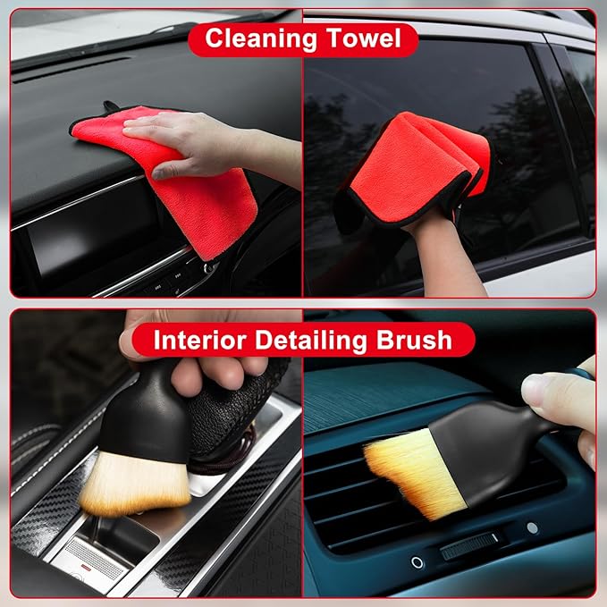 Viewsun Windshield Cleaner Tool, 17Pcs Red Car Interior Cleaning Kit, Car Detailing Kit Interior Cleaner, Car Detailing Brushes, Car Cleaning Gel, Inside Cleaning Supplies Accessories for Women Girls