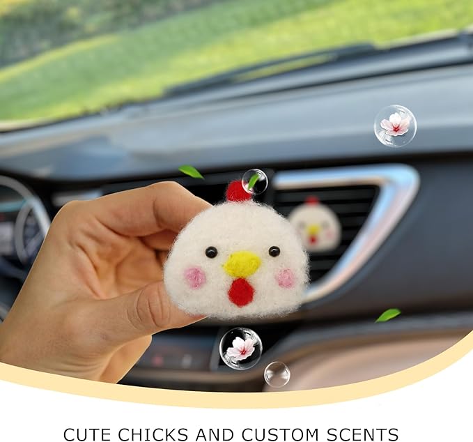 Chick Air Vent Clips Car Air Freshener,White Chicken Car Decor for Women Teens,Wool Felt Girly Accessories,Refillable Essential Oil Diffuser