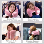 H-Shaped Travel Pillow with Snap-On Hood – Ergonomic Neck Support with Plush Velvet Cover, Instant Inflation & Compact Bag – for Airplane, Car, Office & Long Trips (Red)