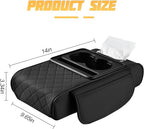 Car Center Console Armrest Pillow, Memory Foam Leather 4 in 1 Vehicle Arm Rest Cover with Tissue Box 2 Side Storage Bag Cup & Phone Holder, Auto Armrest Cushion, Universal Fit (Black)