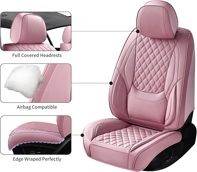 Car Seat Covers Front Seats Pink, Luxury Faux Leather Car Seat Covers Waterproof Non-Slip Seat Protector Universal Fit for Most Cars SUVs Trucks Pick-ups, Cute Pink Car Accessories for Women