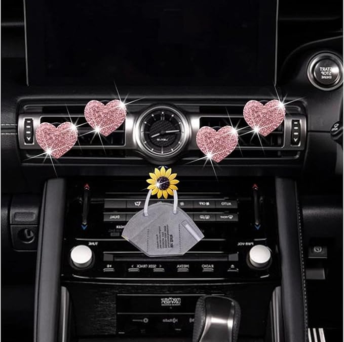 5Pcs Pink Bling Heart Air Vent Clips, Crystal Heart Car Air Fresheners Vent Clips Car Diffuser Vent Clip Rhinestone Car Decoration Car Interior Decor Cute Car Accessories,Interior Accessories