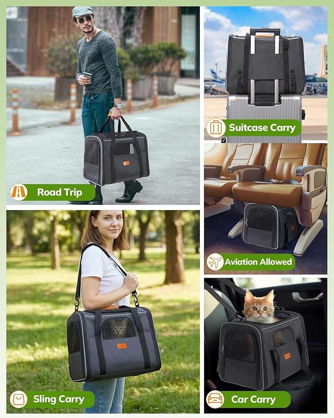 Morpilot Pet Carrier for Large Cats, Small Dogs & Puppies Up to 25lbs, Escape-Proof with Locking Zippers, Dual-Sided Cushion, Safety Buckle for Car & Vet Travel, Includes Foldable Bowl (Dark Gray)