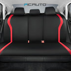 PIC AUTO Leather Car Seat Covers, Premium Automotive Waterproof Front & Rear Full Set Bucket Car Seat Protectors, Black and Red PVC Patchwork, Fits for Cars, Trucks, Van, SUV, Airbag Compatible