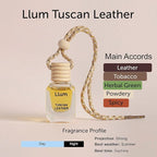 Llum Tuscan Leather Hanging Car Air Freshener – Luxury Automotive Perfume Diffuser 10ml (0.34 fl oz), Long-Lasting Fragrance, Alcohol-Free Non-Toxic Scent, Glass Bottle With Wood Cap & AC Vent Clip