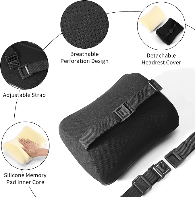Car Headrest Pillow, Soft Memory Foam Car Neck Pillow with Adjustable Strap, Removable Breathable Cover for Long Drives & Office (Black, Pack of 1)