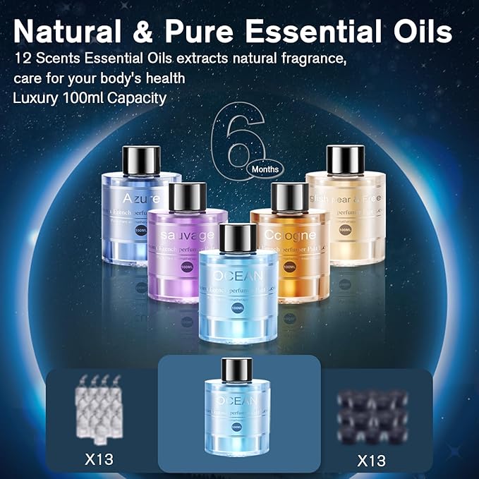Smart Car Air Freshener Diffuser with 100ml Essential Oils,Car Aroma Diffuser New Smell Long Lasting Lasts 6 Months, RGB Music Syncing Light, Auto On/Off Intelligent, 5 Adjustable Rechargeable