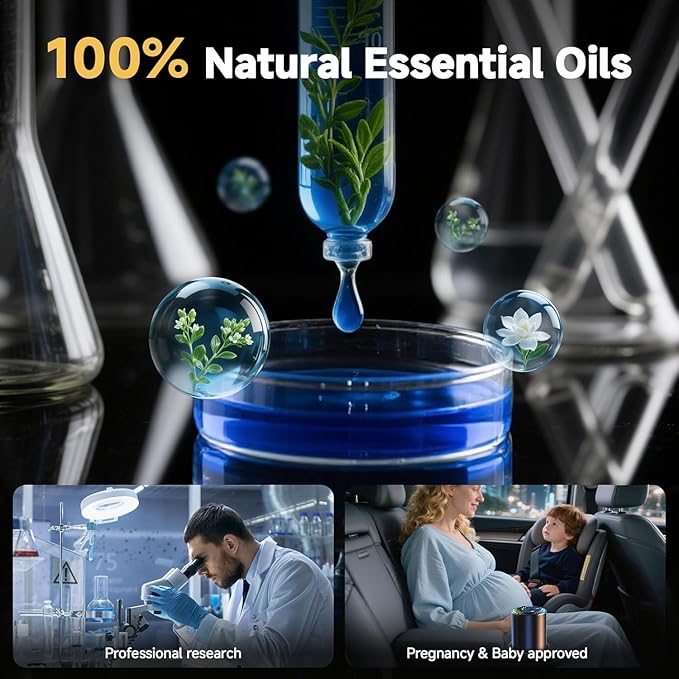 Smart Car Air Freshener with Star Light & 150ml Diffusers Oil Refills, Auto On/Off Aroma Diffuser, 3 Adjustable Modes Rechargeable - Car Diffuser（Cologne+New Car Smell+Mahogany Teakwood）