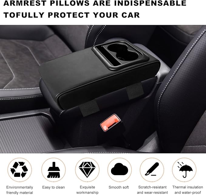 Center Console Armrest Pillow, 14.0"×8.3" Soft Leather Waterproof Armrest Cushion with Cup Holder, Comfy Memory Foam Auto Arm Rest Pad with Storage Bag, Car Accessories (Glossy)