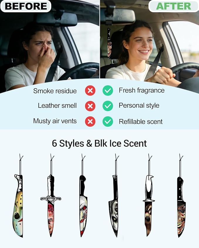 Car Air Freshener Hanging, 6Pcs Horror Knife Halloween Tree Decorations, Horror Movie Gifts, Halloween Air Freshener Car Decor, Scented Rearview Mirror Pendant, Halloween Gifts for Men Women