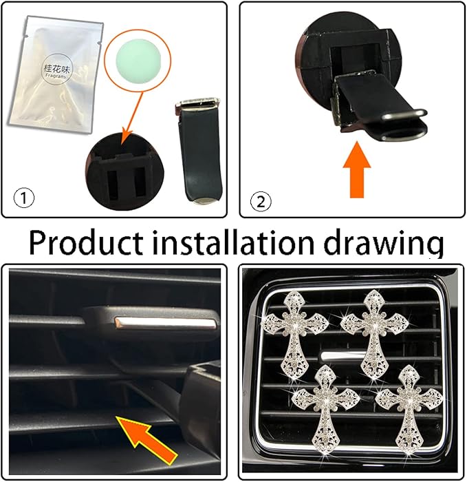 Bling Cross Air Vent Clips, 4 Pcs Crystal Cross Car Air Fresheners Vent Clips Car Diffuser Vent Clip Rhinestone Diamond Cross Decoration Interior Decor Bling Accessories for Women