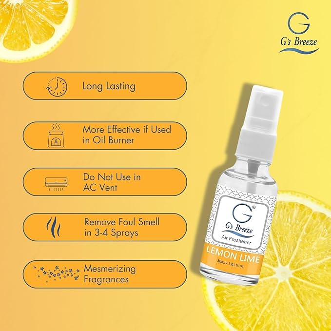 G's Breeze Lemon Lime Air Freshener - Refreshing & Energizing Fragrance with Freshly Squeezed Lemon & Lime Essence - Long Lasting Zesty, Citrus Aroma- Ideal Scent Choice for Home, Car & Office