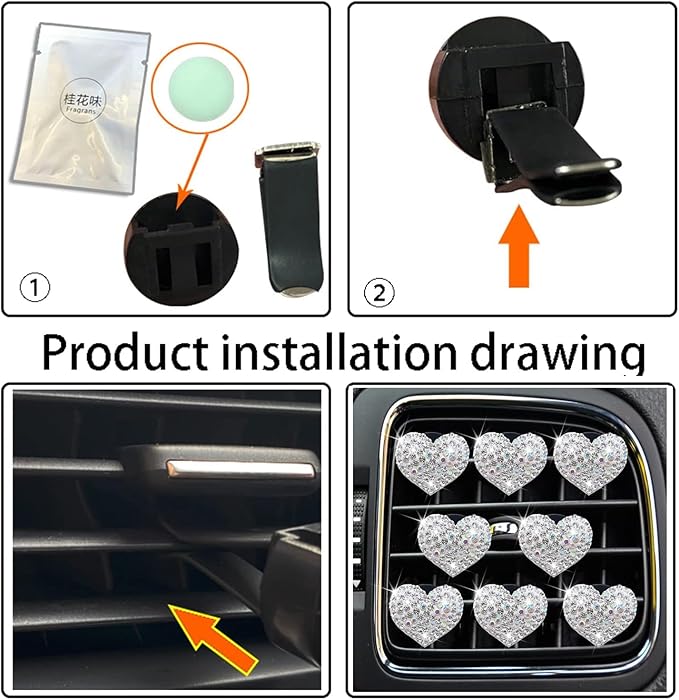 8Pcs Silver Bling Heart Air Vent Clips, Crystal Heart Air Fresheners Vent Clips Car Diffuser Vent Clip Rhinestone Car Decoration Car Interior Decor Cute Car Accessories for Women，Interior Accessories