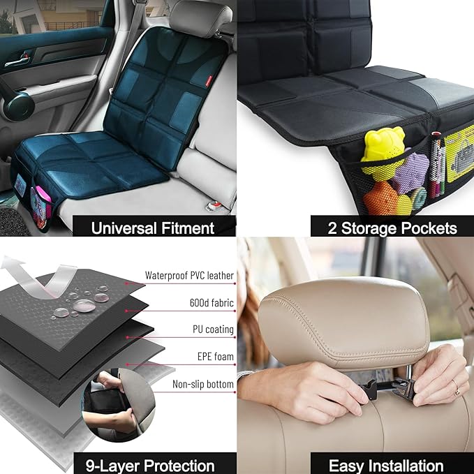 Autobase Car Seat Protector for Child Car Seat | Largest and Thickest Waterproof Backseat Protector for Kids and Pets | Heavy-Duty Non-Slip Rubber Padded Backing (Black, XL – 1 Pack)